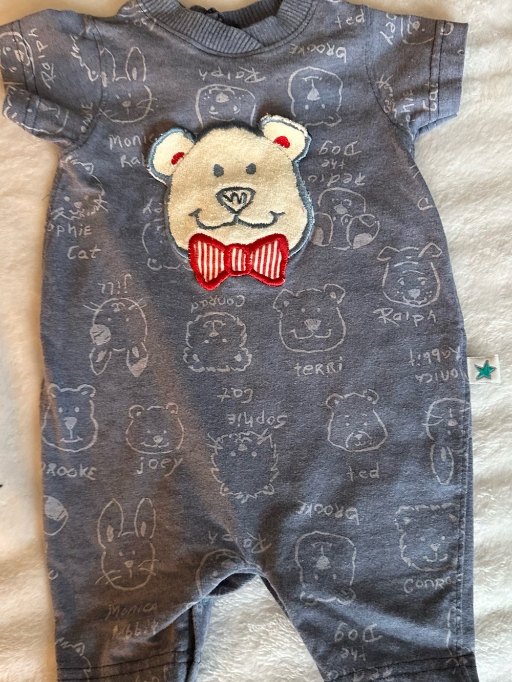 Little Me Blue Gray Bear Appliqué One-Piece with Red Bow